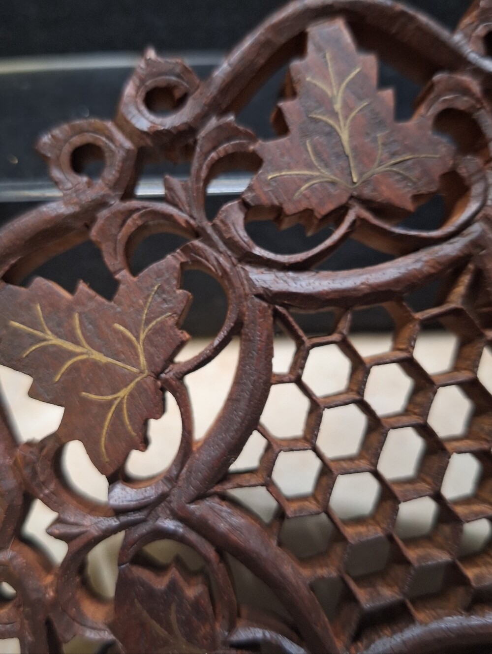 Boho Hand Carved Wood Trivet Plant Stand Hot Pad Floral Inlaid India Lot (3) VTG - Picture 3 of 11